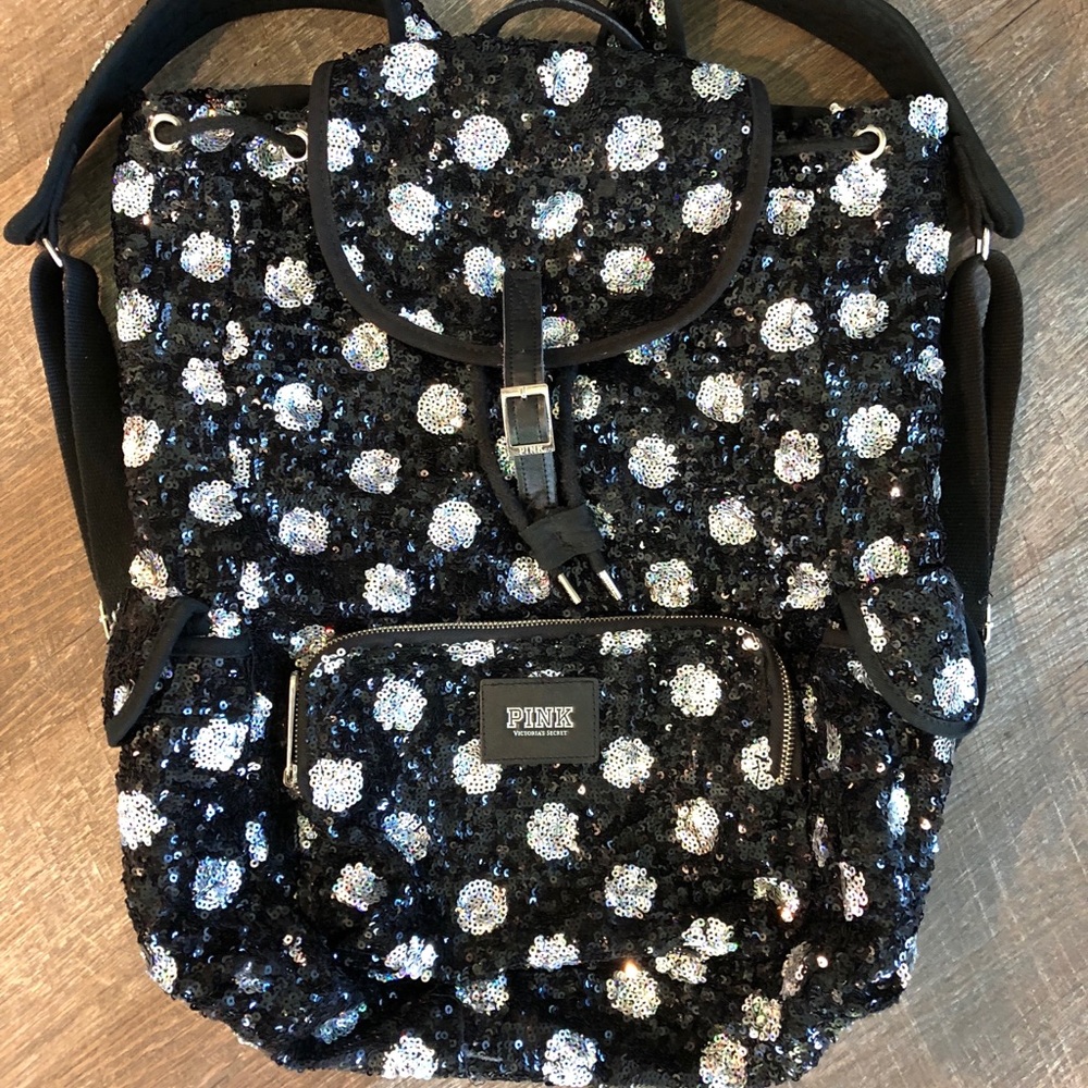 Pink Victoria’s Secret polka dot sequin backpack